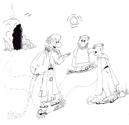 Monk carrying leaking sandbag